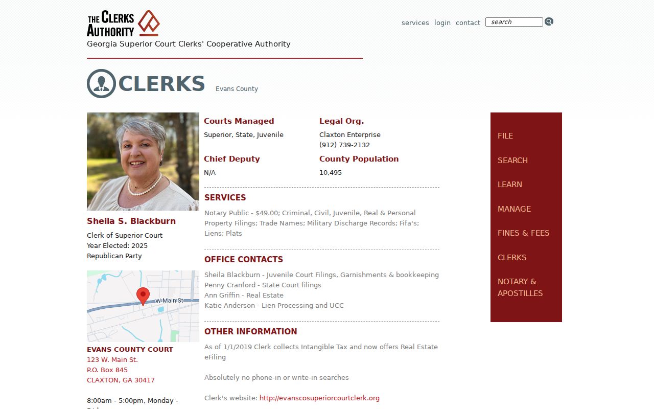 GSCCCA listing for the Evans County Clerk of Superior Court