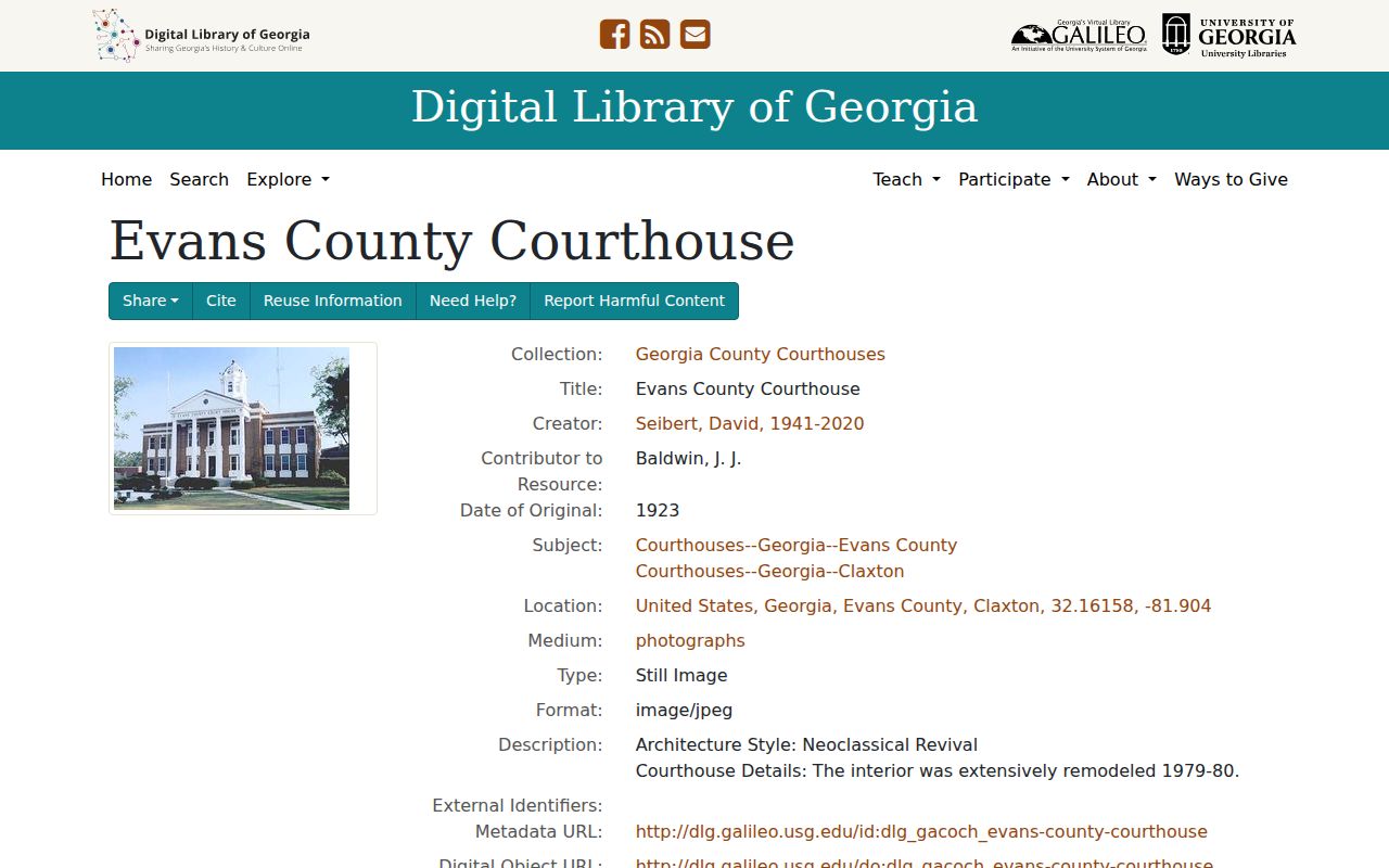 Digital Library record for the historic Evans County courthouse
