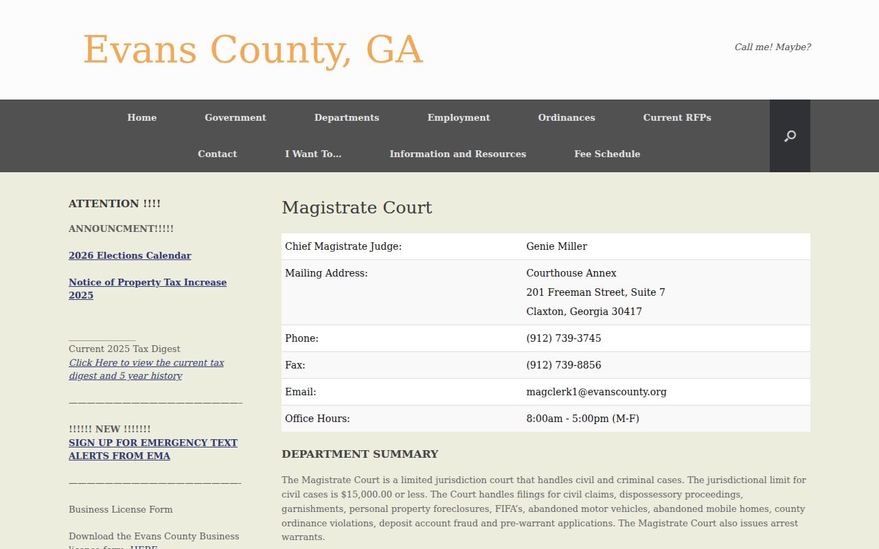 Evans County Magistrate Court contact and jurisdiction page