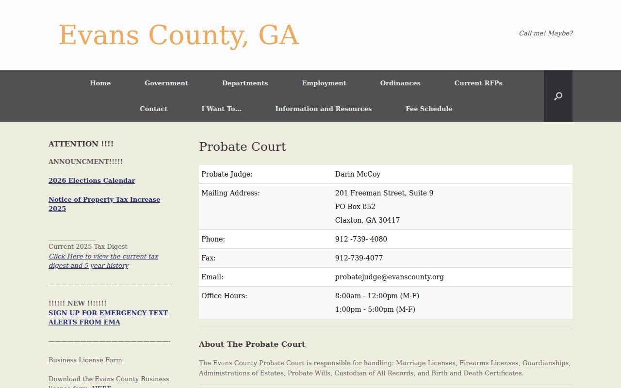 Evans County Probate Court contact and record duties